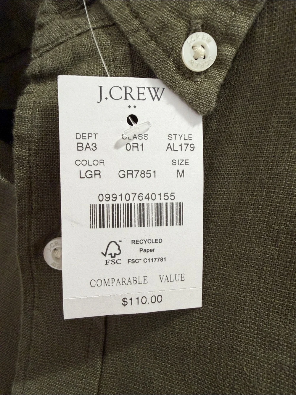 NWT! J. Crew Olive Green Button-Down Long Sleeve Shirt Size M